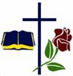 School emblem combining cross book and rose symbolising Catholic faith learning and connection to St Rita’s tradition